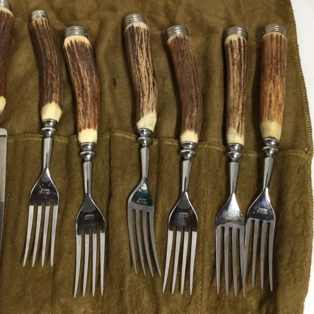 Vintage Stag Horn Flatware Antler Handle Steak Knife & Fork Set 12 Rustic Brown